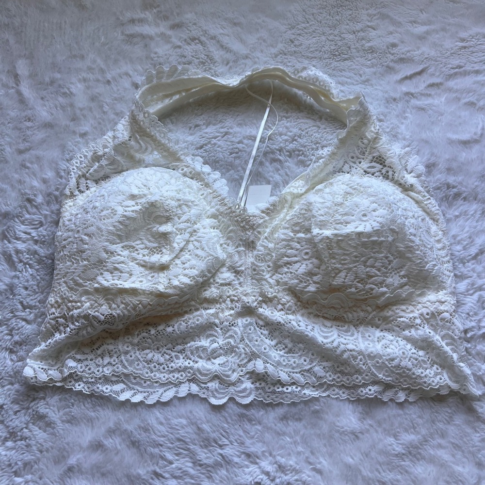 Aerie Women's  White Floral Lace Halter Longline Bralette Size XL New With Tag
